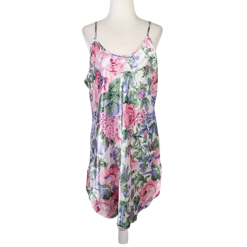 Vintage 80s Inner Most white pink green floral satin mini slip dress L